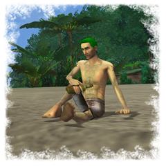 Male pirate sitting on the beach with bottle