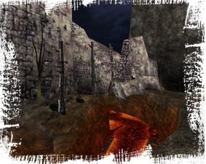 A fortress with lava river coming from it